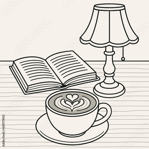 Illustrator Artwork Coffee latte with book and vintage lamp on wooden table