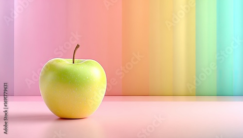 Vibrant yellow-green apple against pastel rainbow backdrop