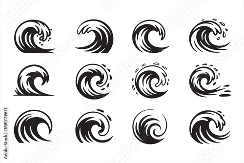Abstract swirling ocean wave illustrations in black vector style