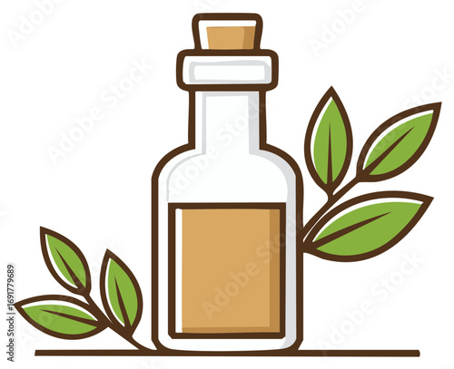 Essential oil bottle with cork stopper and green leaves for aromatherapy medicine.