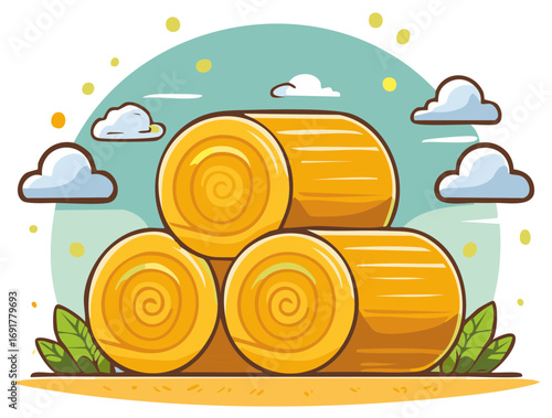 Stylized hay bales stacked, country field, simple cartoon illustration, rustic countryside theme, golden harvest and rural landscape