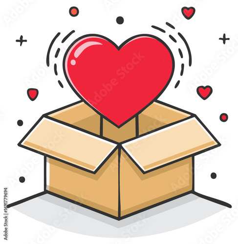 Red Heart Popping Out of a Cardboard Box, Symbolizing Love and Gifts