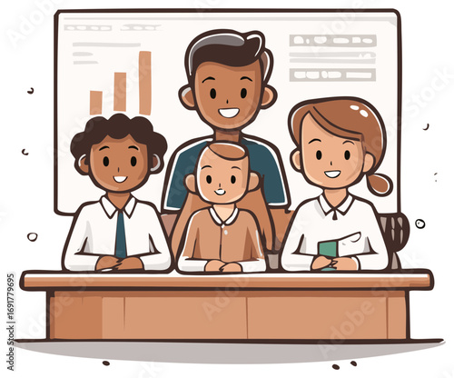 Animated Diverse Group Learning Together in Classroom with Graph Display Behind Cartoon Concept