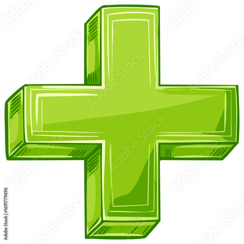 Green plus symbol with a 3D effect and outline