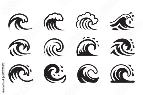 Vector ocean wave icons set with swirling sea and surf illustrations