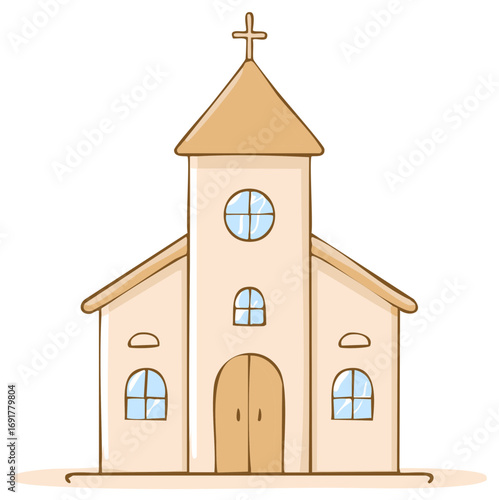 Cartoon illustration of a church building with a cross on top and arched windows
