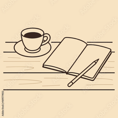 Espresso with sketchbook and pencil on wooden table