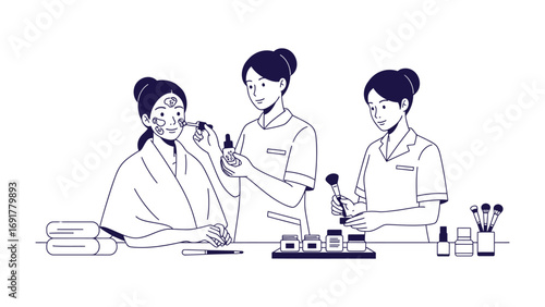 Two professional spa therapists providing a relaxing massage and herbal compress treatment to a male client lying on a massage table covered with a white towel