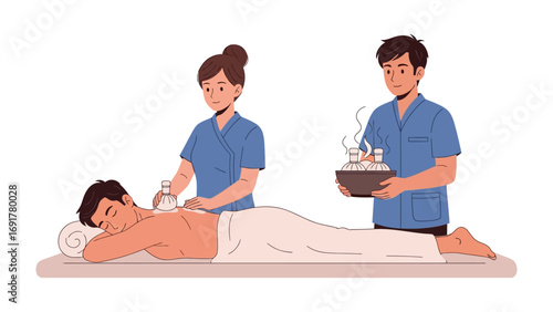 Two happy women enjoying facial spa treatments with green masks and cucumbers while a professional therapist holds a tray of beauty products