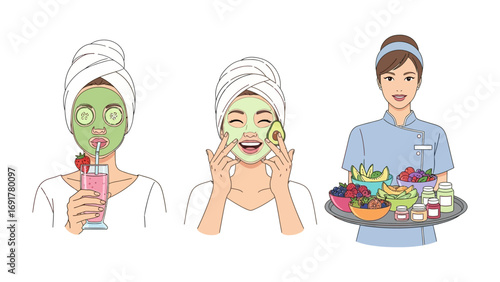 A woman with closed eyes and a blue facial mask wrapped in a pink towel enjoys a luxurious spa treatment at home with skincare products and a candle
