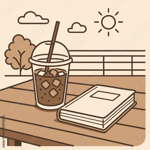Flat outline vector illustration of an iced coffee with a novel on an outdoor wooden table