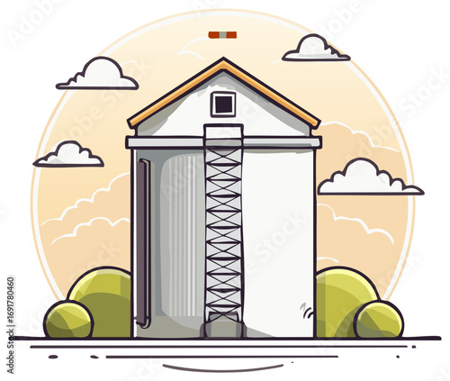 Agricultural Silo Cartoon with Ladder and Clouds Graphic Style