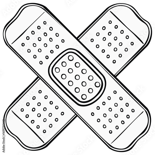 Outlined Illustration of Two Bandages Crossed. Healthcare, Scrapes and Bruises. First Aid Treatment.