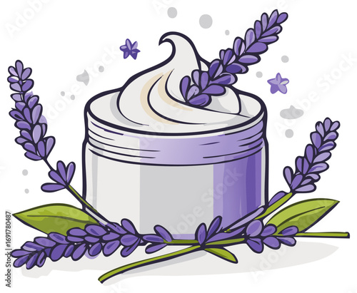 Illustrated jar of cream with lavender flowers and leaves