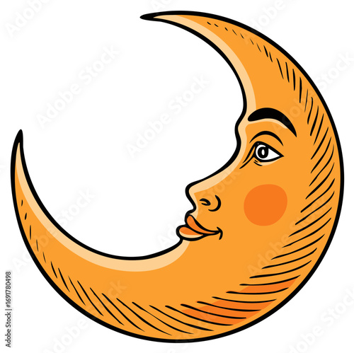 Crescent Moon with Face Caricature Illustration, Cartoon Character, Space, Star, Galaxy Theme