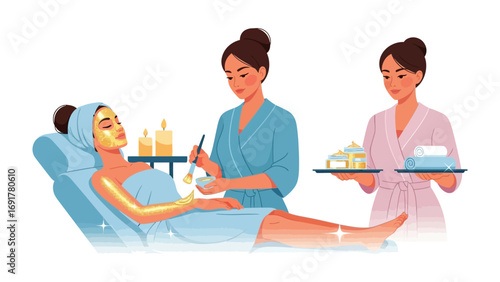 Two spa therapists in uniform attending to a relaxed woman with a towel wrapped around her head receiving a beauty treatment