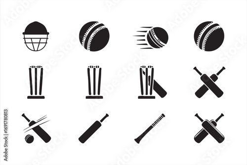 Vector cricket match elements with ball, stumps, and protective gear