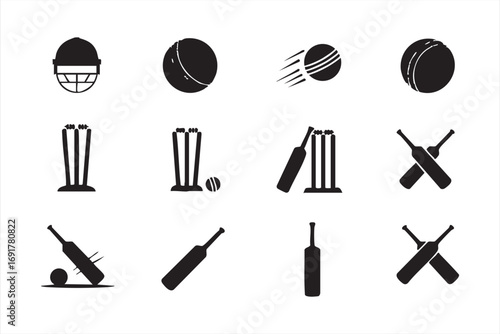 Black silhouette cricket icons collection for sports illustration