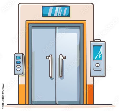Illustration of a Double Elevator Door with Control Panels and Floor Indicator