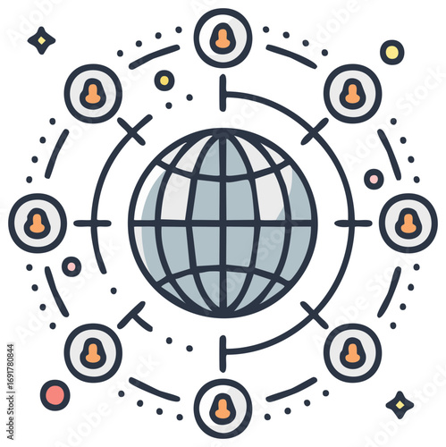 Global network icon showing people connected around the world for international communication and community