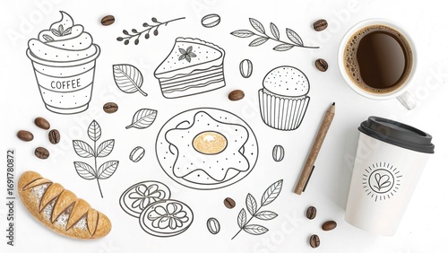 Fun doodle collection of coffee cups and breakfast food, hand drawn line art. White background.
