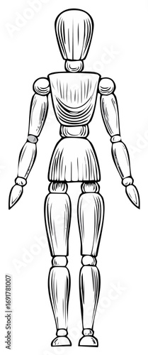 Human wooden mannequin showing form and proportion in a black line drawing