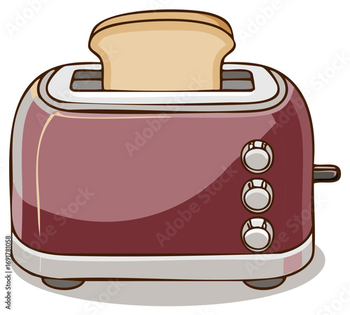 Cartoon illustration of a burgundy kitchen toaster with a slice of bread for breakfast