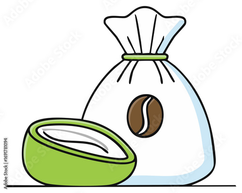 Coffee beans in a sack with halved avocado illustration, healthy breakfast, and coffee shop graphics. Freshness and natural ingredients concept.