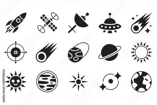 Vector space exploration icons with rocket, planets, UFO, and satellites