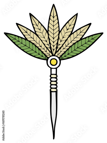 Stylized Headdress Illustration with Feathers and Decorative Elements