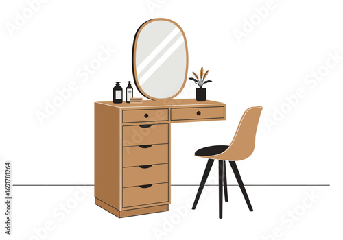 Modern Wooden Vanity Set with Chair and Mirror.