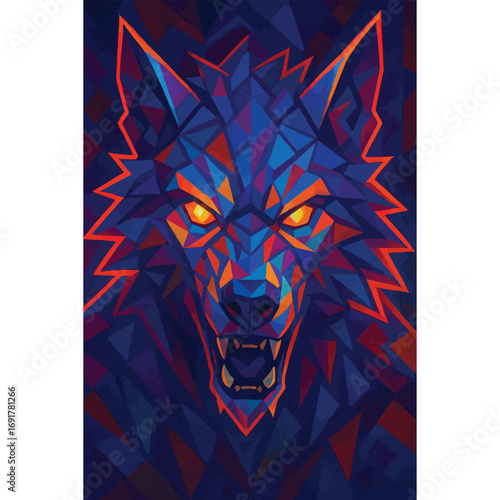 Polygonal werewolf face in vibrant abstract style, glowing eyes, bold colored outlines