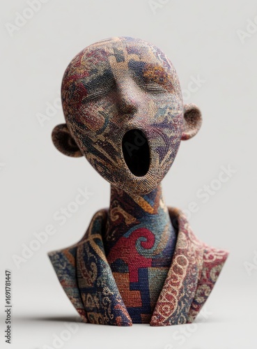 Textile-covered bust, wide-open mouth