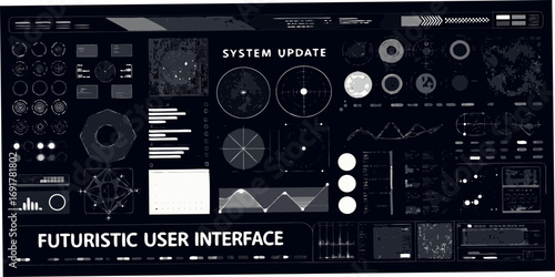Futuristic dark digital interface displaying system update with various data visualizations and charts