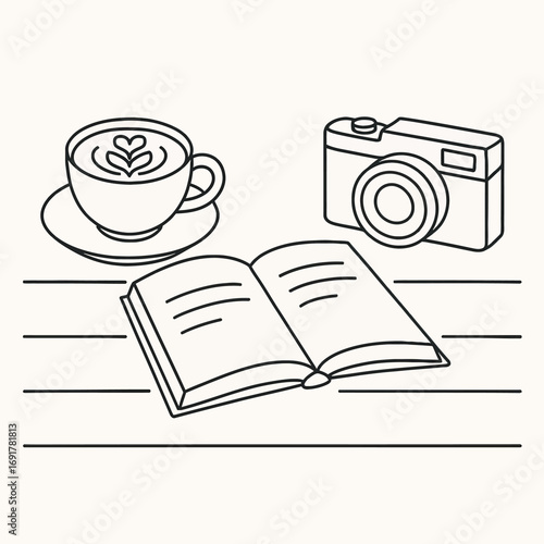 Minimalist outline vector drawing of a coffee latte with a book and camera on a wooden desk