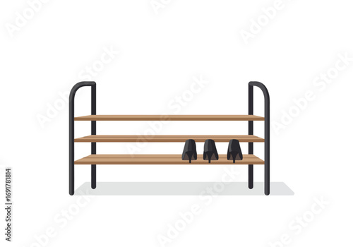 Modern Three-Shelf Wooden Shoe Rack with Black Metal Frame.