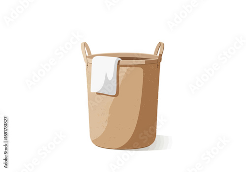 Beige Fabric Laundry Basket with White Towel.