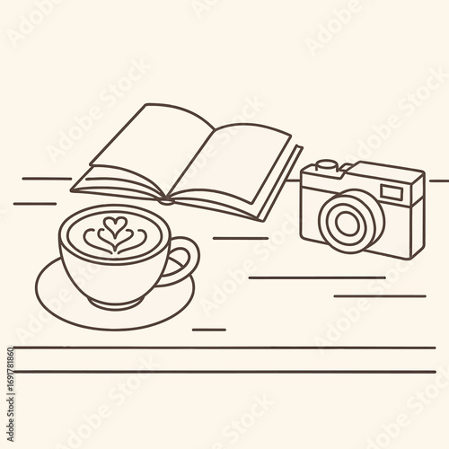 Coffee latte with book and camera on wooden desk