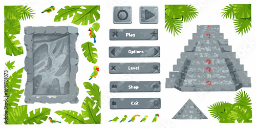Jungle adventure game interface elements with stone temple and parrots