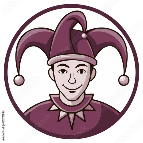 Cartoon Jester portrait in a circle, wearing a hat and smiling