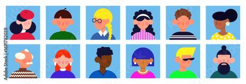 Set of cartoon avatars. Different faces in flat geometric style. Vector illustration.