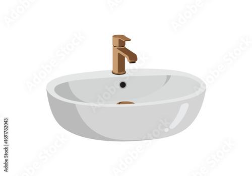 Modern White Oval Bathroom Sink with Copper Faucet.