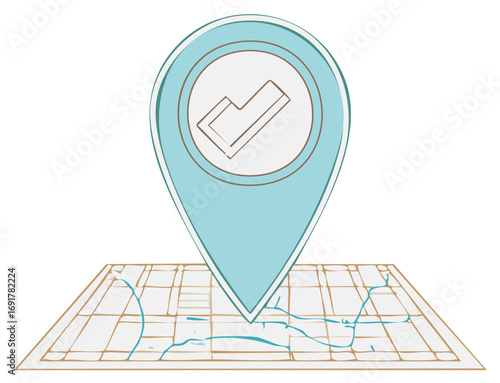 Location pin icon with checkmark over a map, destination marker for business concepts or traveling.