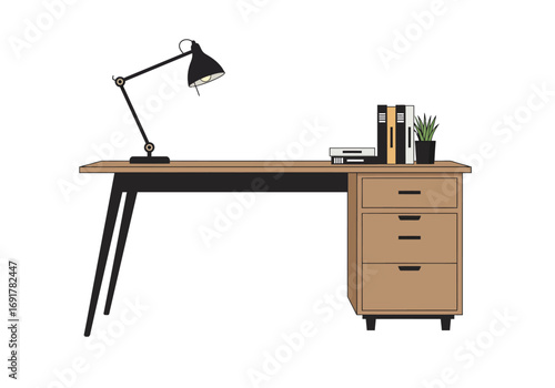 Modern Wooden Desk with Metal Legs and Drawers.