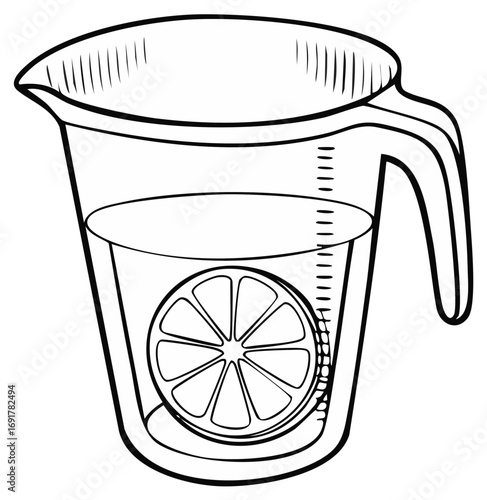 Line art illustration of a measuring jug with a lemon slice for making lemonade