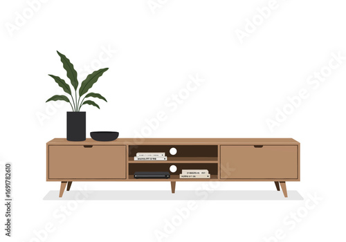 Modern Wooden TV Stand with Plant and Bowls.