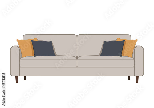 Beige Sofa with Mustard Yellow and Gray Pillows.