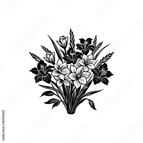 Elegant monochrome floral arrangement with lilies, gladiolus and buds in full bloom