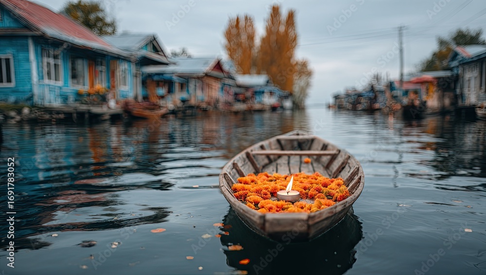 Fototapeta premium Wooden boat laden with orange flowers and candle floats on canal, colorful houses in background
