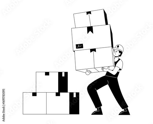 Hand drawn style illustration showing warehouse worker 
